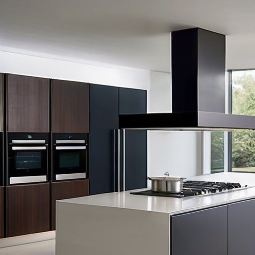 Современная кухня с элегантной вытяжкой над стильной плитой и видимым вентиляционным каналом.