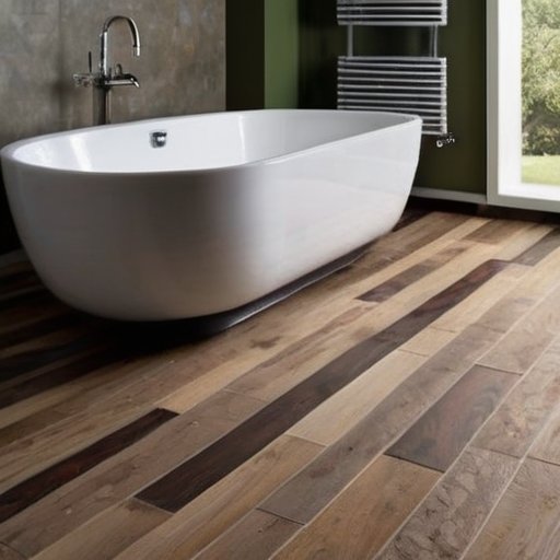 Стильный пол ванной с различными материалами: керамическая плитка, виниловые листы, ламинат, натуральный камень и пробковые плитки.