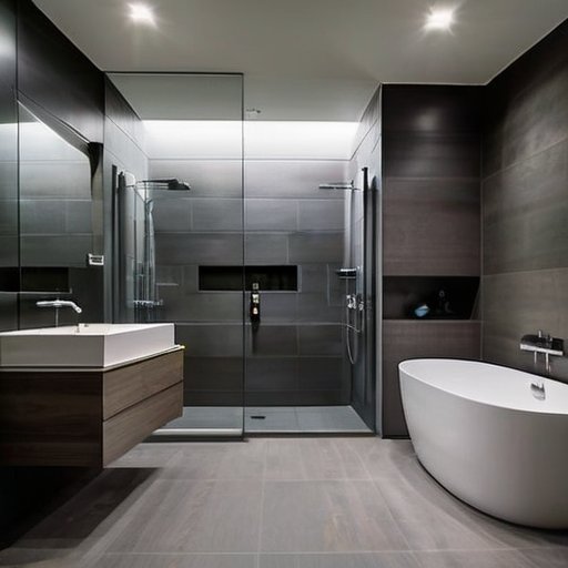 Современная ванная комната с разнообразными душевыми кабинами в разных стилях и размерах.