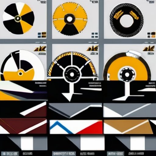 Разнообразные алмазные диски для резки бетона с подписями, на фоне бетонных блоков и инструментов.