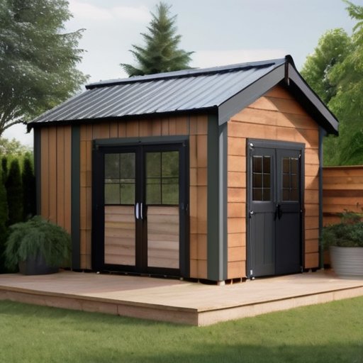 Современный садовый сарай с разнообразными отделочными материалами: деревянные панели, виниловый сайдинг, металлические листы, ОСБ и панели из волокнистого цемента на фоне зелёного сада.