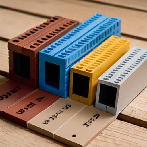 Три типа кирпичей на деревянной поверхности с измерительной лентой; на заднем плане - строящийся дом.