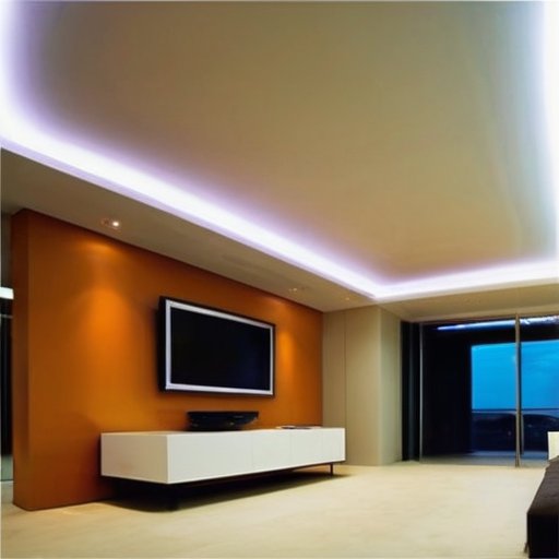 Современный интерьер с различными натяжными потолками, подчеркивающий текстуры и цвета ПВХ и тканевых вариантов, с элементами для контроля температуры и влажности.