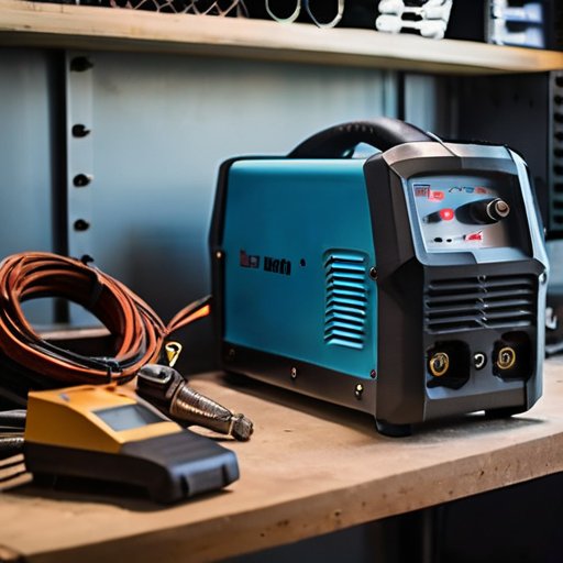 Современная сварочная машина на верстаке с оборудованием и безопасными аксессуарами.