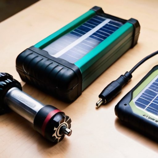 Рабочий стол с аккумуляторной отверткой, батареями и солнечной панелью для зарядки инструментов.