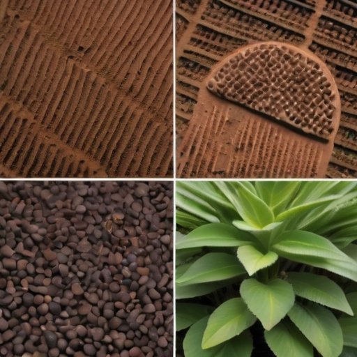 Крупный план гранул керамзита на темной почве с растениями, подчеркивающий текстуры и цветовые контрасты.