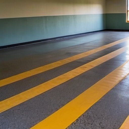 Организованная строительная площадка с свежезалитым бетонным полом и инструментами.