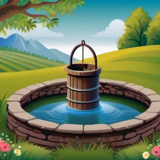 Классический колодец в живописном сельском пейзаже с ясным небом и зелеными травами.