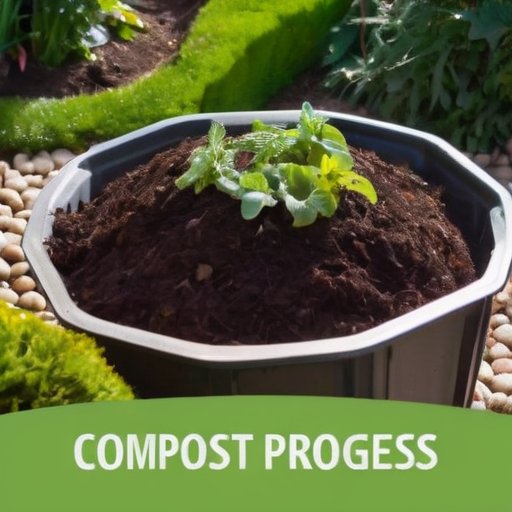 Компостная куча в саду с слоями органических материалов, окруженная растениями и табличкой