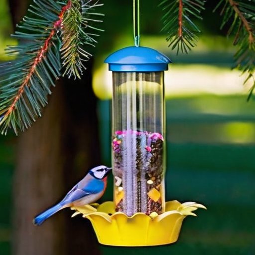 Яркая кормушка для птиц из переработанной пластиковой бутылки, висящая на ветке дерева, окруженная зеленью.