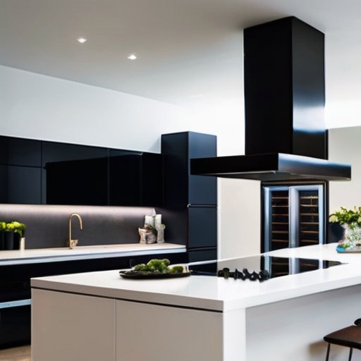 Современная кухня с вытяжкой, иллюстрирующей пути воздуха и варианты установки.