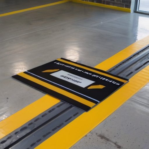 Строительная сцена с свежезалитым бетонным полом и отметками для выравнивания, инструменты для укладки.