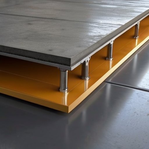 Строительная площадка с свежезалитым бетонным полом и металлическими направляющими для выравнивания.