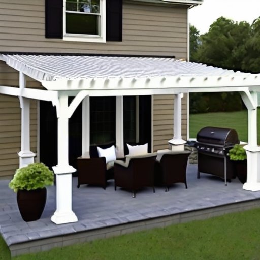 Стильная веранда с зоной для гриля, уютной мебелью и защитной крышей.