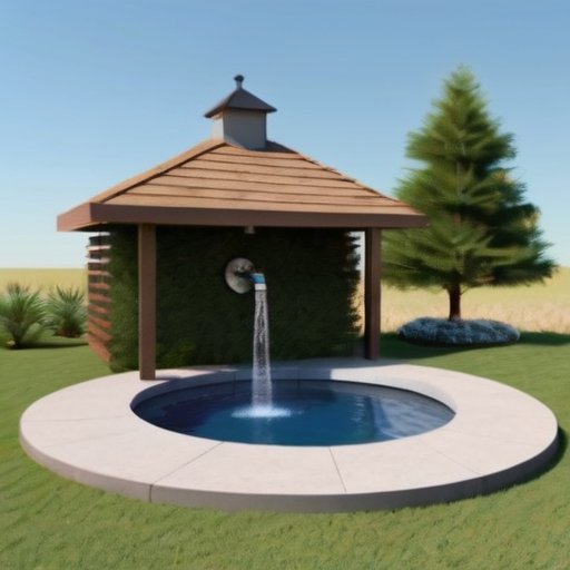 Современный водяной колодец с насосом в окружении зелени и ясного неба.