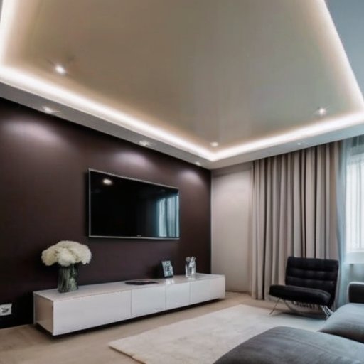 Современная маленькая комната с глянцевым натяжным потолком и уютной атмосферой.
