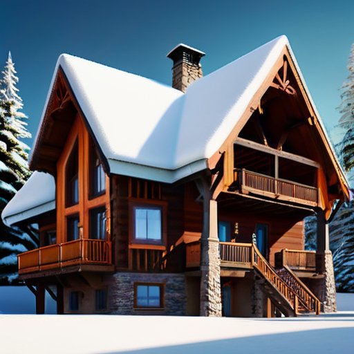 Уютный деревянный шале в снежном горном пейзаже.