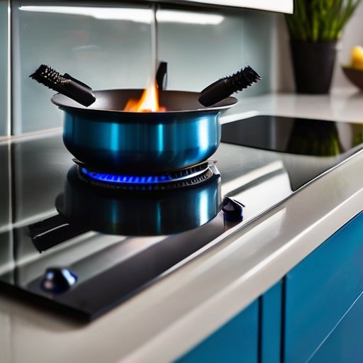 Чистая газовая плита с ярким синим пламенем и инструментами для чистки на аккуратной столешнице.