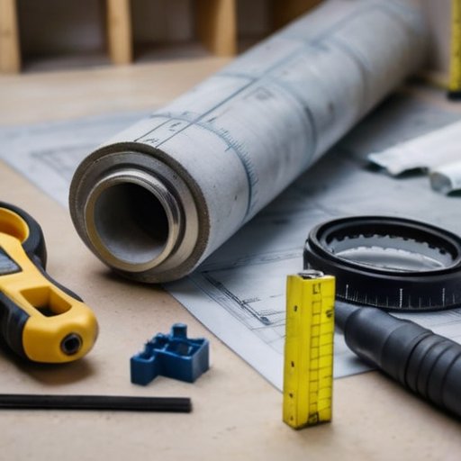 Сильная бетонная несущая стена с чертежами и инструментами на переднем плане, рядом средства защиты и незавершенное здание на фоне.