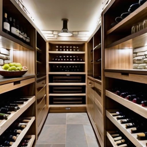 Упорядоченный погреб с секциями для хранения овощей, фруктов, вин, и консервов. Традиционный дизайн с каменными стенами и деревянной дверью.