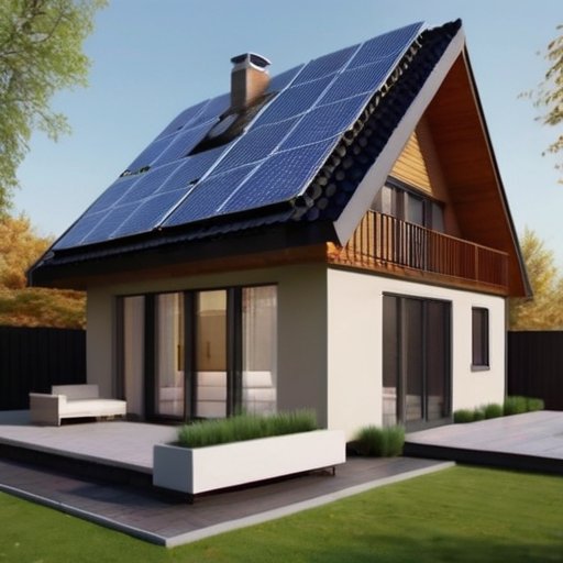 Уютный энергоэффективный дом с солнечными панелями, окруженный сезонными элементами.