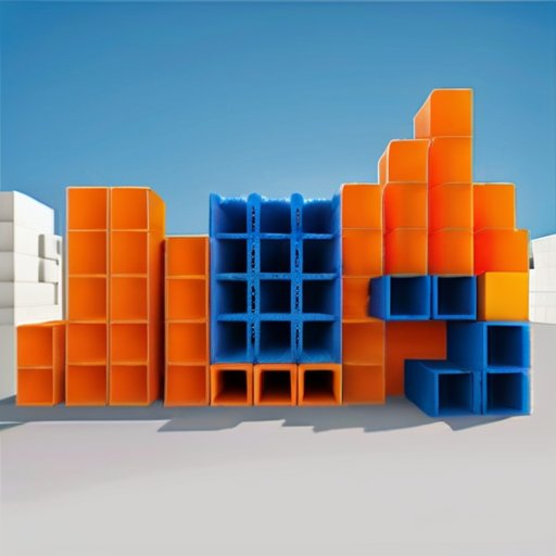 Современный строительный участок с аккуратно уложенными пеноблоками, частично построенные стены и ясное голубое небо.