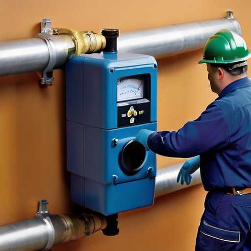 Перемещение газового счетчика в жилом помещении с инструментами и средствами безопасности.