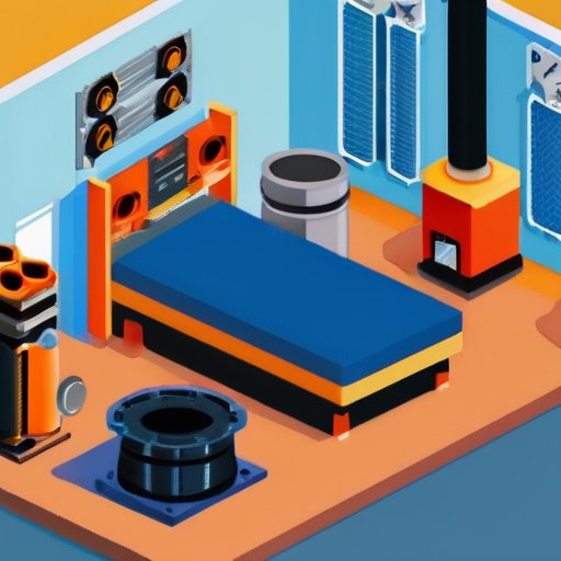 Упорядоченная мастерская с различным отопительным оборудованием, инструментами и чертежами для установки котлов.