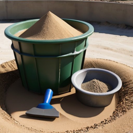 Строительная площадка с бетонной станцией, мешками песка и цемента, контейнером с бетоном и измерительными инструментами.