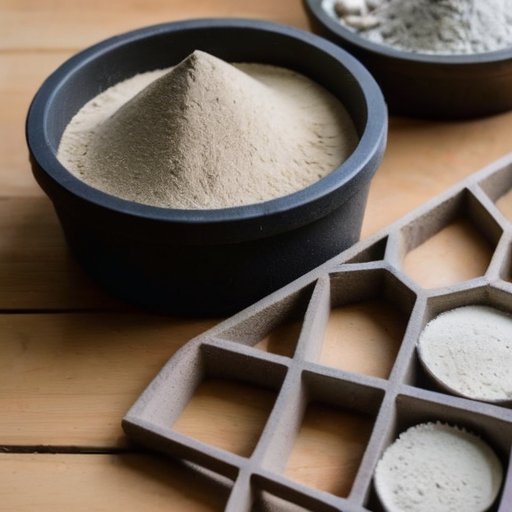 Строительная сцена с различными материалами для штукатурки и добавками на деревянном верстаке.