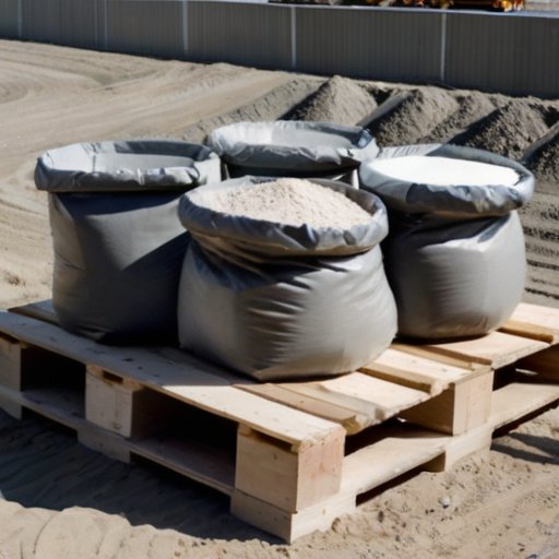 Строительная площадка с мешками добавок для цемента и свежезамешанным цементом в формах.