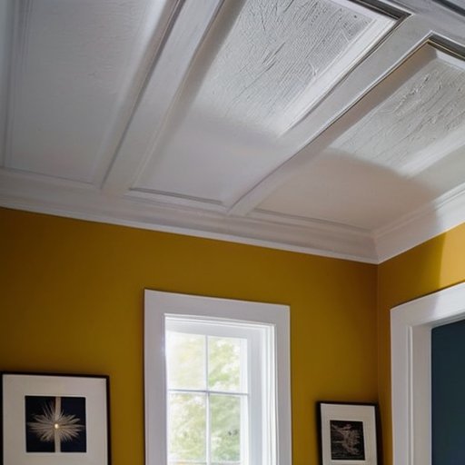 Свежевыбеленный потолок в светлом помещении с инструментами для покраски.