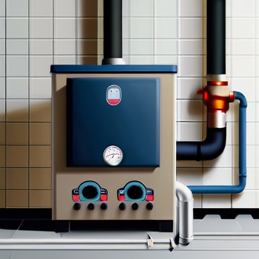 Иллюстрация системы домашнего котла с видимыми компонентами: трубы, клапаны, манометр, наглядное изображение накипи и инструменты для очистки. Чистое и организованное помещение.