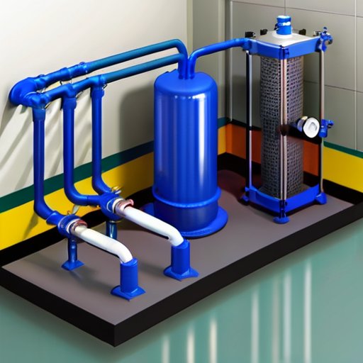 Организованная мастерская для обслуживания насосных станций с инструментами, оборудованием и диаграммой системы.