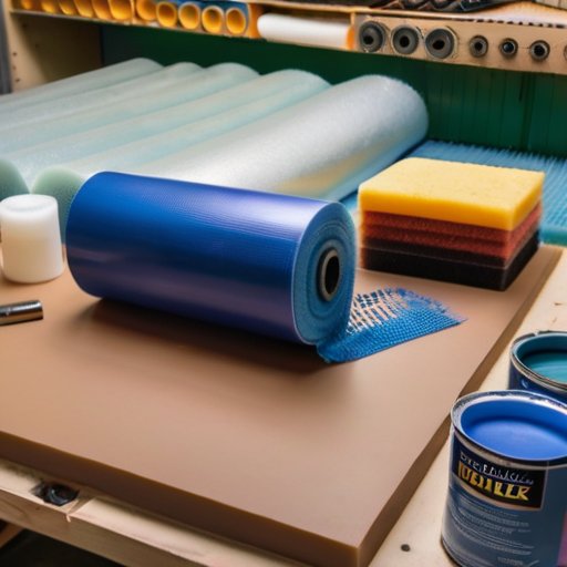 Рабочая зона с листом пеноплекса, красками и инструментами для покраски.