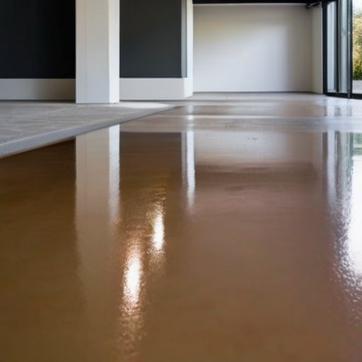 Упорядоченный гараж с ровным полом и свежезалитой полусухой стяжкой, инструменты для подготовки.