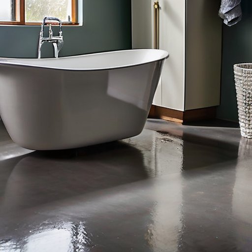 Современная ванная с полом из полусухой стяжки, нанесение водоотталкивающего герметика, строительные инструменты.