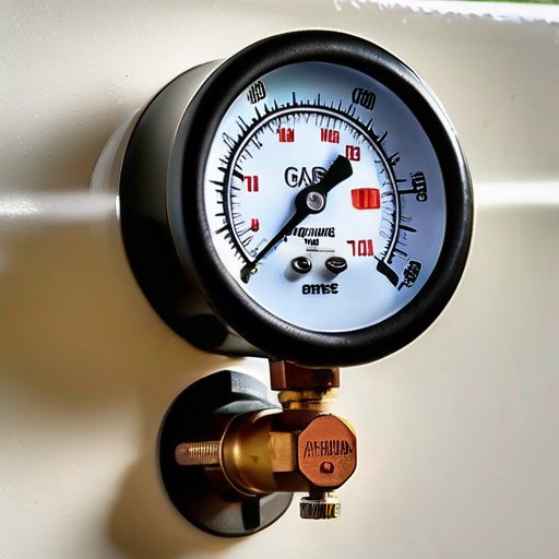 Современный манометр давления газа с показаниями в атмосферах и паскалях на фоне газового прибора в уютной кухне.