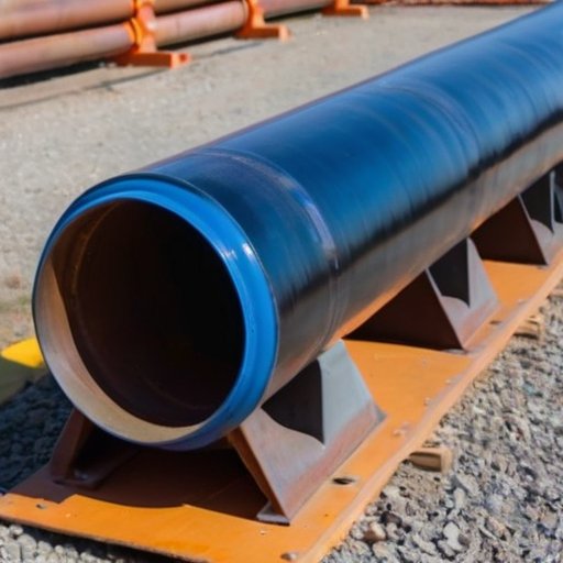 Промышленный газопровод яркого цвета на фоне природы с инструментами для покраски и очищения поверхности.