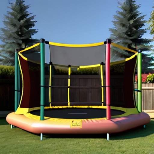 Упорядоченный задний двор с частично собранным батутом, инструментами и ясным небом.