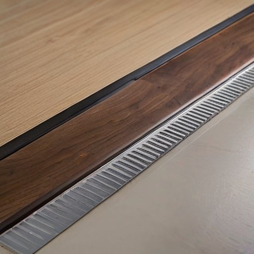 Современный порожек из brushed metal между деревянным и плиточным полами с измерительной лентой и уровнем.