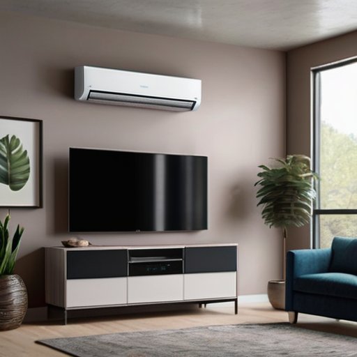 Современный интерьер с стильным кондиционером над шкафом, высокие потолки, шкала расстояния, термометр и диаграммы потока воздуха.