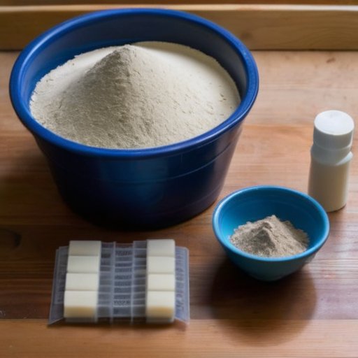 Организованное рабочее место с инструментами для штукатурки: мастерок, ведро, мерный стакан, мешки с гипсом и инструкция.