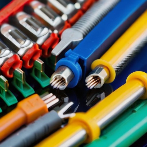 Организованное рабочее место с инструментами для соединения проводов, включая стрипперы, паяльник и соединители, с близким планом мягких и жестких проводов.