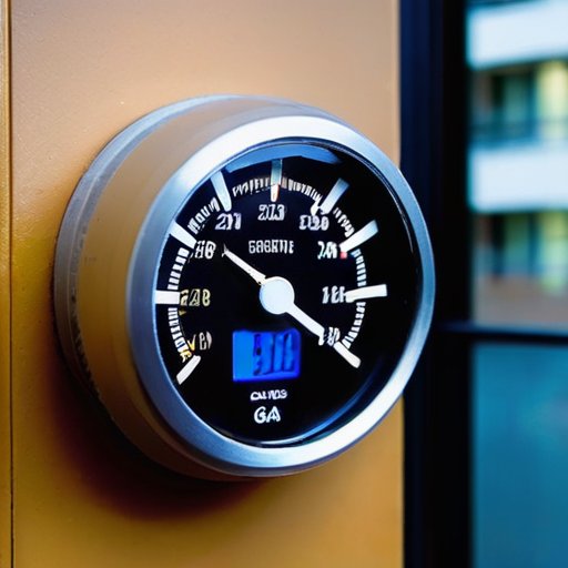 Современная система мониторинга давления газа в многоквартирном доме с цифровым манометром и видимыми газовыми трубами.