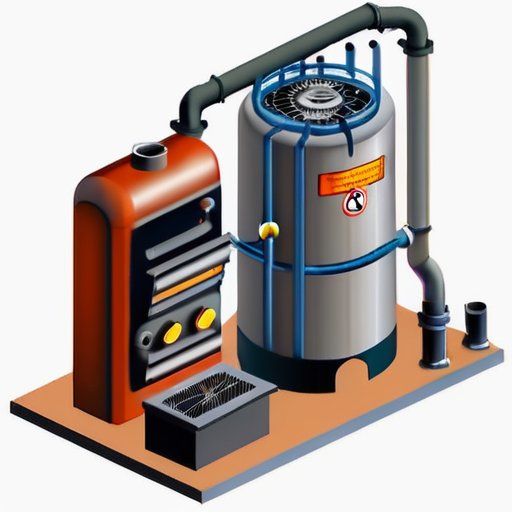 Старый газовый котел с компонентами, инструментами и списком проверки безопасности.