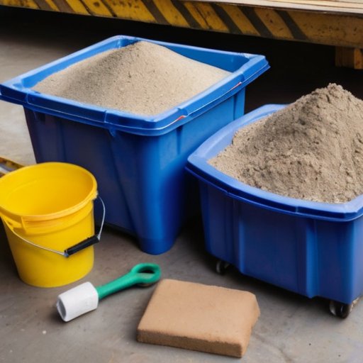 Строительная площадка с аккуратно размещенными материалами для раствора: мешки цемента, сухой песок, ведро с водой, мастерок и контейнер для смешивания. На фоне - штабель бетонных блоков.