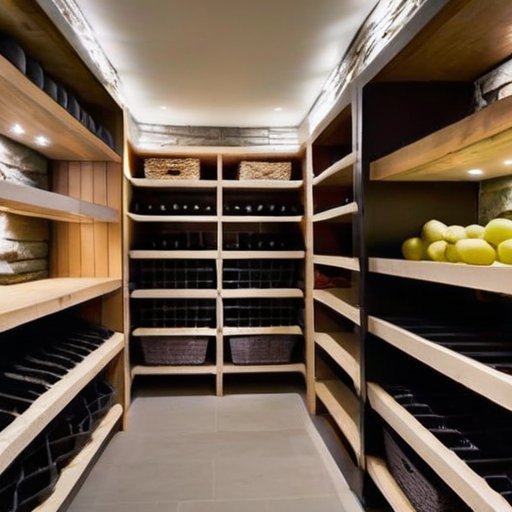 Уютный погреб с организованным хранением: полки с консервированными продуктами, ящики с корнеплодами, вентиляция и окно для света.