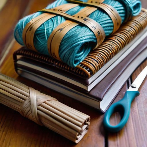 Собранная коллекция различных полос ротанга на деревянном столе с измерительной лентой, ножницами и блокнотом с эскизами.