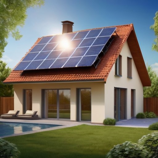 Уютный энергоэффективный дом в живописном ландшафте с солнечными панелями и ухоженным садом.